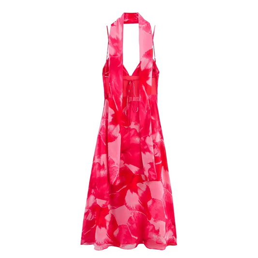 BM&MD&ZA2025V-neck thin sling backless design thin scarf decorated with printed long dress summer new women's clothing