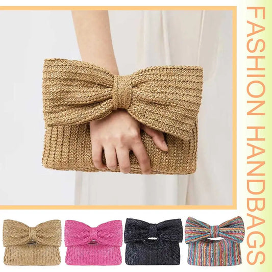 Women Straw Evening Bag with Bow Zipper Closure Straw Summer Handbag Weaving Clutch Bag Female Party Wedding Bag