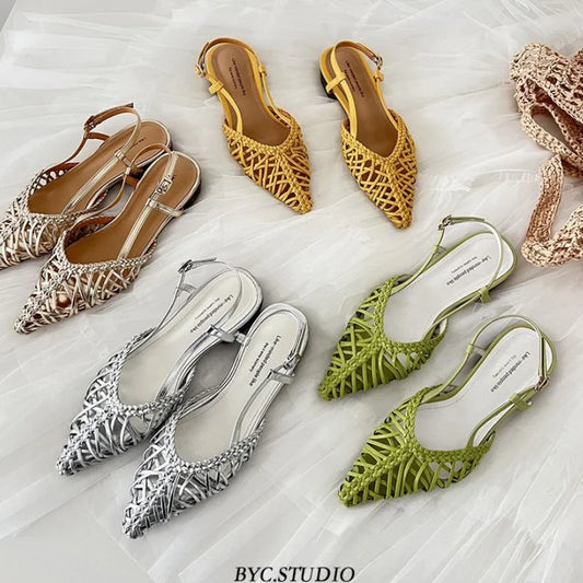 New Trend Hand Woven Sandal Women's Low-Heel Mules Pointed Toe Hollow Out Designer Footwear Summer Slingback Dress Shoes Female
