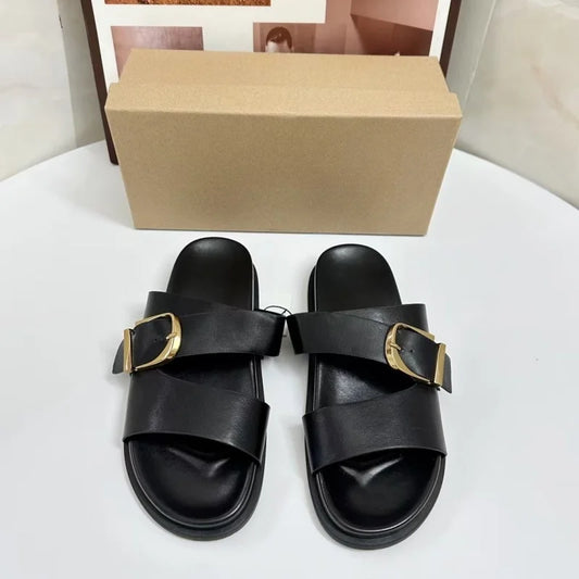 Summer Black Flat Buckle Sandals for Women Casual Open Toe Beach Slides Wide Straps Flats Slippers Ladies Plus Size Sandal Shoes