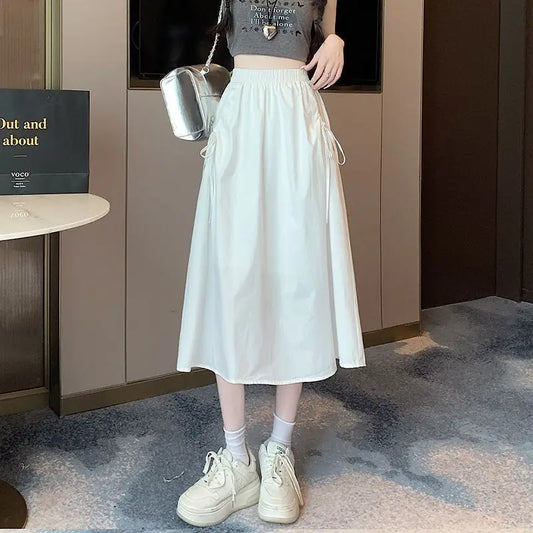 Safari Style Fashion Drawstring Skirts Women's Clothing High Waist A-Line Elastic Spring Autumn Solid Color Casual Midi Skirts