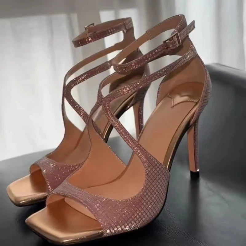 One line sexy open toe sandals for women in summer 2025, cross strap sequin square toe slim heel fashion versatile women's shoes