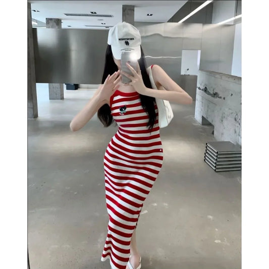 Summer Korean Style Stripe Strapless Dress Women Slimming Fashionable Long Skirt Princess Sleeve Polo Collar Midi Dress
