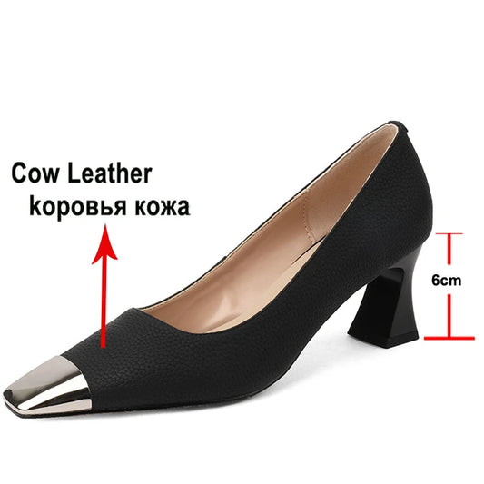 Meotina Women Shoes Genuine Leather Thick Heels Square Toe Pumps Fashion High Heel Party Lady Footwear Spring Green White 34-42