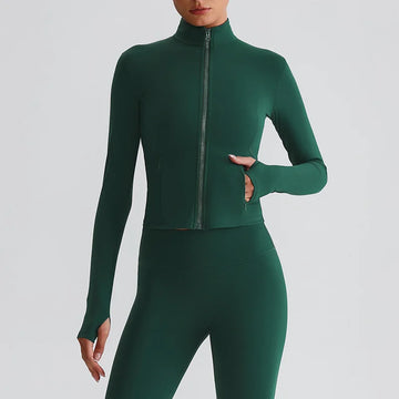 Solid Color Women Sport Jacket Long Sleeve Zip Gym High Neck Zipper With pocket Coat Fitness Top Comprehensive Training Sportwea