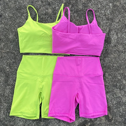 Solid Color Gym Cycling shorts Yoga Set Short Legging +Spaghetti straps Sport Bra Athletic Women Suit Comprehensive Training Jog