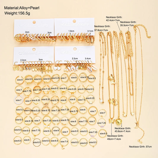114-piece Jewelry Set Lovely Atmosphere Lady Punk Pearl Metal Ring Earring Necklace Set