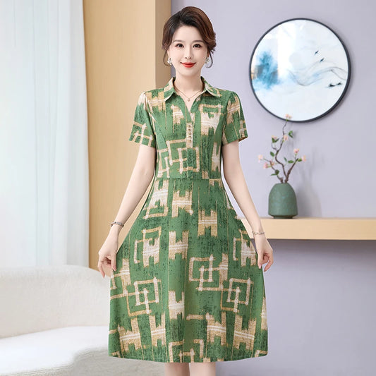 Female Clothing Summer Simple Casual Pocket Dresses For Women Fashion Lapel Floral Printe Elegant Party Slim Midi Dress