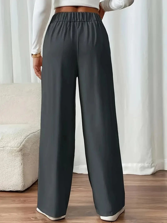 Plus SizeWomen'S Elegant High-Waist Straight Leg Office Pants - Light Gray Solid Color with Decorative Buckle, Casual Pants
