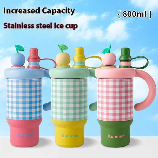 New Coffee Cup for Girls High Appearance Level Checkered InS-style Straw Cup Stainless Steel Portable Handle Insulated Cup