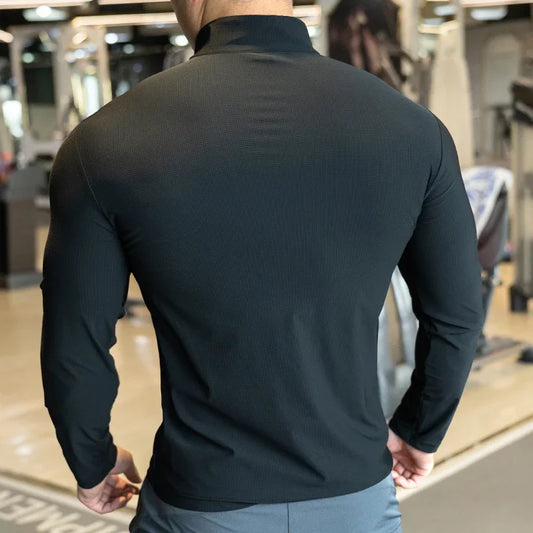 Mens Muscle Workout Sportswear Long Sleeve Running Clothing with Half Zip with Pockets Sports Gym Tees Fitness Compression Shirt