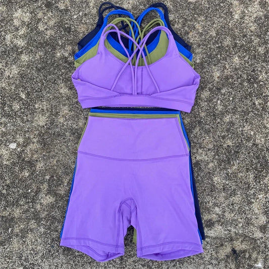 Solid Color Gym Bike Yoga Set Short Legging Cross Back Sport Bra 2pc Tracksuit Athletic Women Gym Suit Comprehensive Training Jo