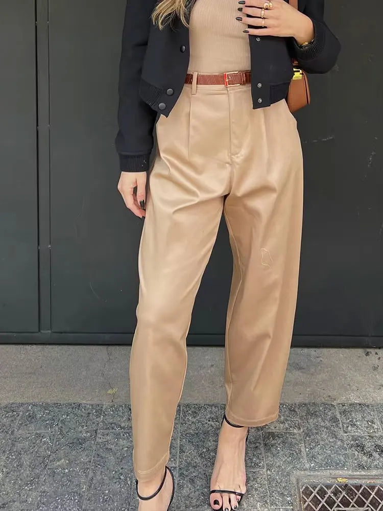 Fashion Female Trousers Mujer Women Solid Pant With Belt Pleated Solid Vintage High Waist Side Pockets Zipper Fly Pants