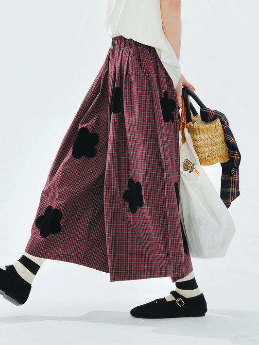 Red checkered dress pants original summer loose artistic three-dimensional lace dark grid women's pants
