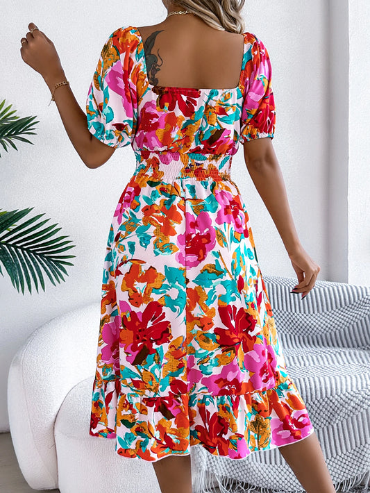 Casual Square Neck Shirred Waist Tie Dye Floral Print Short Sleeve Ruffle Hem Dress For Summer Bohemian Women's Clothing