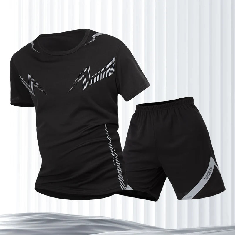 2 Pieces Men's Black Lightning Quick-drying Loose Sports Suit Basic Joker Teenagers Outdoor Fitness Running Short-sleeved Shorts