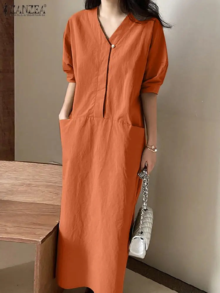 ZANZEA 2024 Summer Harajuku Vestidos Casual Cargo Pockets Dress Women Vintage Solid Long Robes Fashion Loose Office V-neck Dress