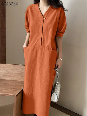 ZANZEA 2024 Summer Harajuku Vestidos Casual Cargo Pockets Dress Women Vintage Solid Long Robes Fashion Loose Office V-neck Dress