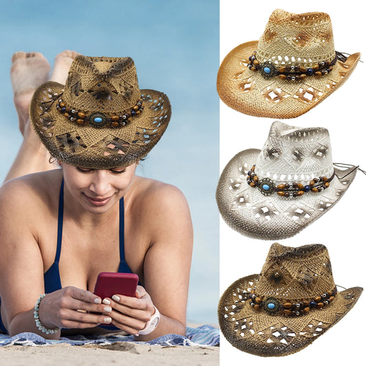 Straw Cowgirl Hat Unisex Beach Hat Cow Boy Hat With Hat Band For Men Women Breathable Lightweight Sun Protection
