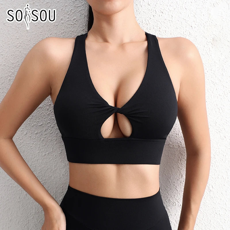 SOISOU Nylon Yoga Crop Top Bra For Women Gym Sport Sexiest Bra Chest Pad Removable Elastic Tight Breathable Top Women 6 Colors