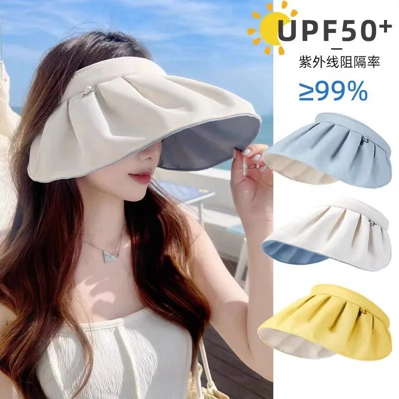 Women Sunscreen hat Uv Protection Golf Beach Sun Hats Portable Foldable Wide Brim Sea Fashion Empty roof Shell Cap Accessories