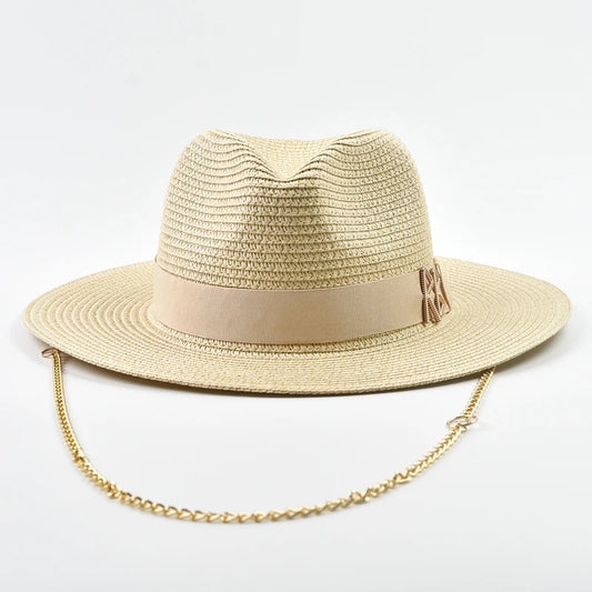 Fashionable Metal RB Letter Straw Hats for Women Men Summer Outdoor Holidays Beach Sun Hat Panama Hat