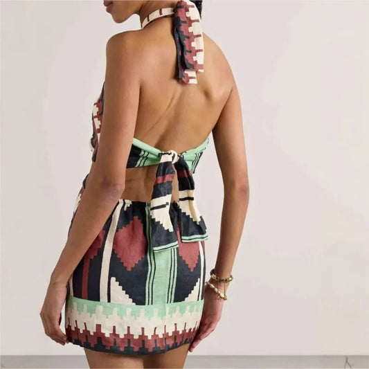 2025 New Summer Sexy Print Halter Mini Dress For Women Sleeveless Hollow Out Backless Lace up Dress Lady Holiday Beach Vestidos