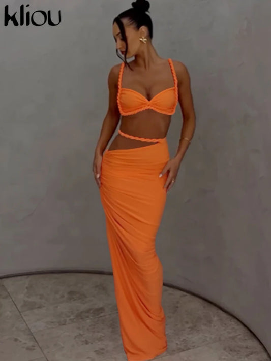 kliou Woven Sexy Women 2 Piece Set Stunning Hot Solid Pleated Crop Camisoles+High Waist Maxi Skirts Female Trend Vacation Outfit