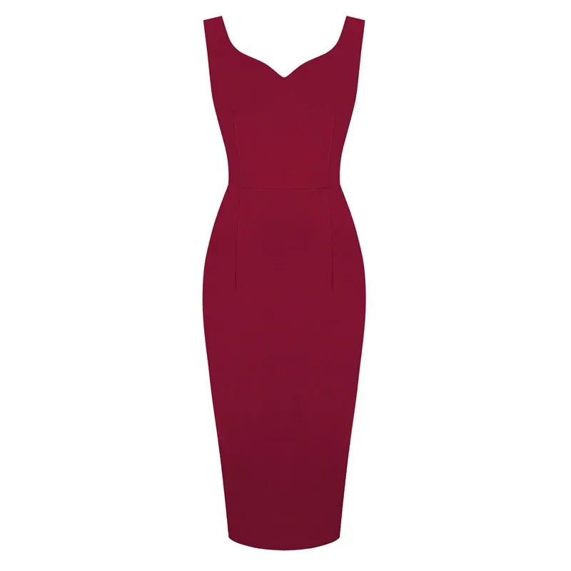 2024 New Sexy Sweetheart Neck Sleeveless Office Midi Pencil Dresses for Women's Y2K Vintage Red Solid Elegant Slim Bodycon Dress