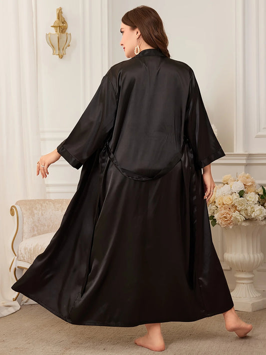 Plus Size Womens Long Silk Robe Belted V-Neck Elegant Loungewear All-Season Lightweight Sleepwear