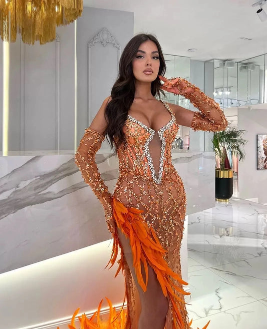 Women Luxury Sexy V Neck Feather Beading Mesh Sequins Sparkly Maxi Long Gowns Dress Elegant Celebrity Evening Party Club Dress