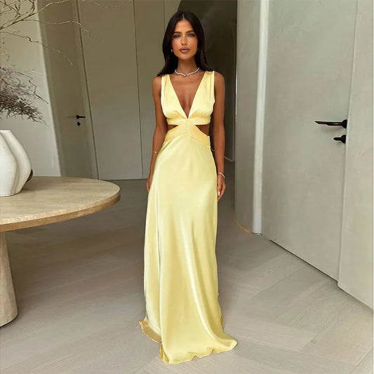 Women's Sleeveless Deep V Neck Hollow out Long Dress High Waist Bodycon Slit Design Beach Vacation Solid Color Dress