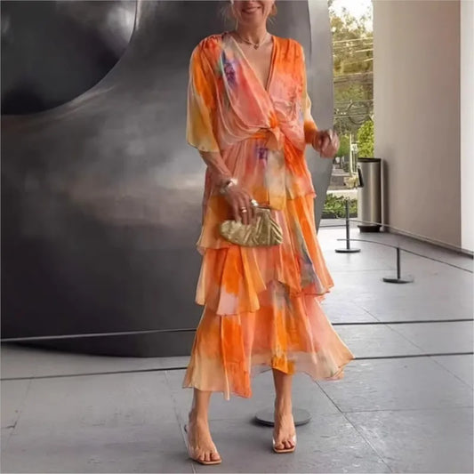 2025 Summer New Elegant Women's Chiffon Dress Fashionable Printed V-neck Short-sleeved Layered Ruffle Loose Lace-up Long Skirt