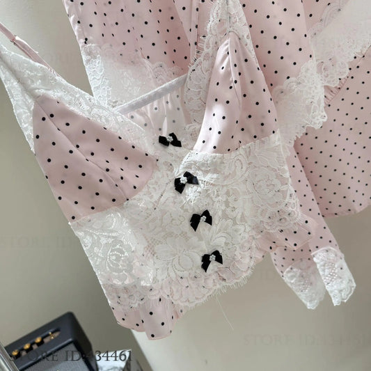New Female Pajama Four Piece Set Lounge Wear Sexy Hollow Lace Lingerie Cami Shorts Pijamas Suit Sweet Kawaii Ice Silk Sleepwear
