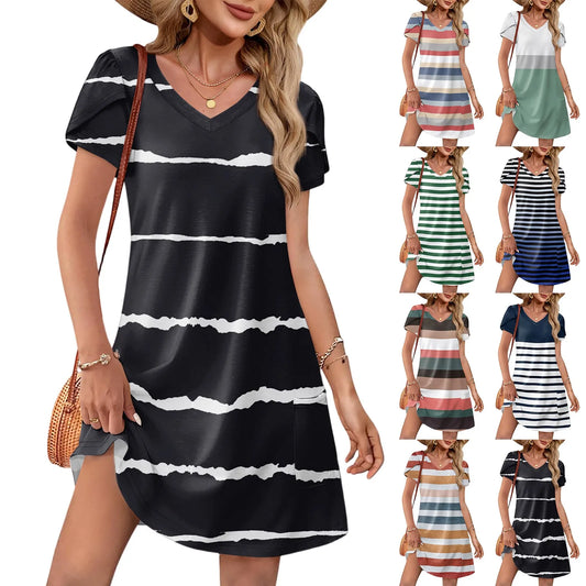 Womens Summer Dresses 2025 Tulip Petal Short Sleeve V Neck Loose Swing Sundresses with Pockets Plain Floral Print Beach Dresses