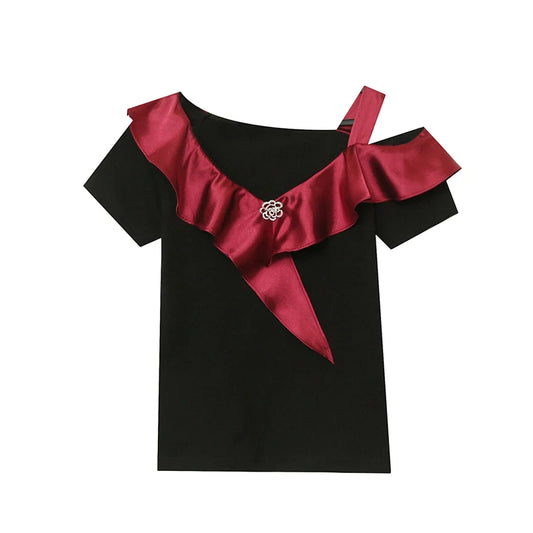 2024 New Summer European Clothes T-Shirt Fashion Sexy Hollow Out Rose Drill Button Patchwork Women Tops Short Sleeve Tees 47011