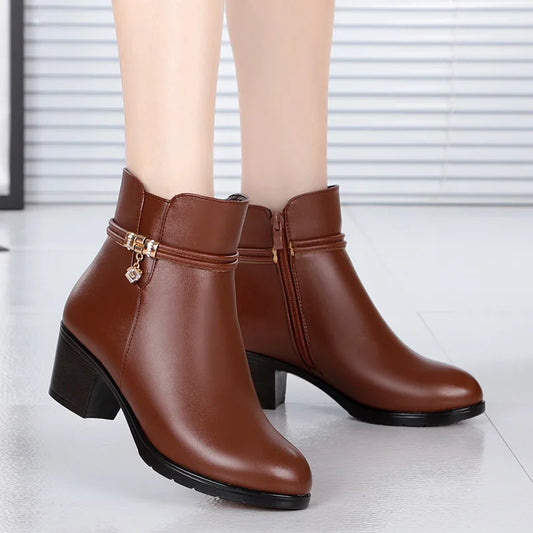 WOIZGIC Women's Ladies Mother Famale Winter Ankle Genuine Leather Fur Warm Wool Plush Shoes Boots Zipper Mid Heel Plus Size 43