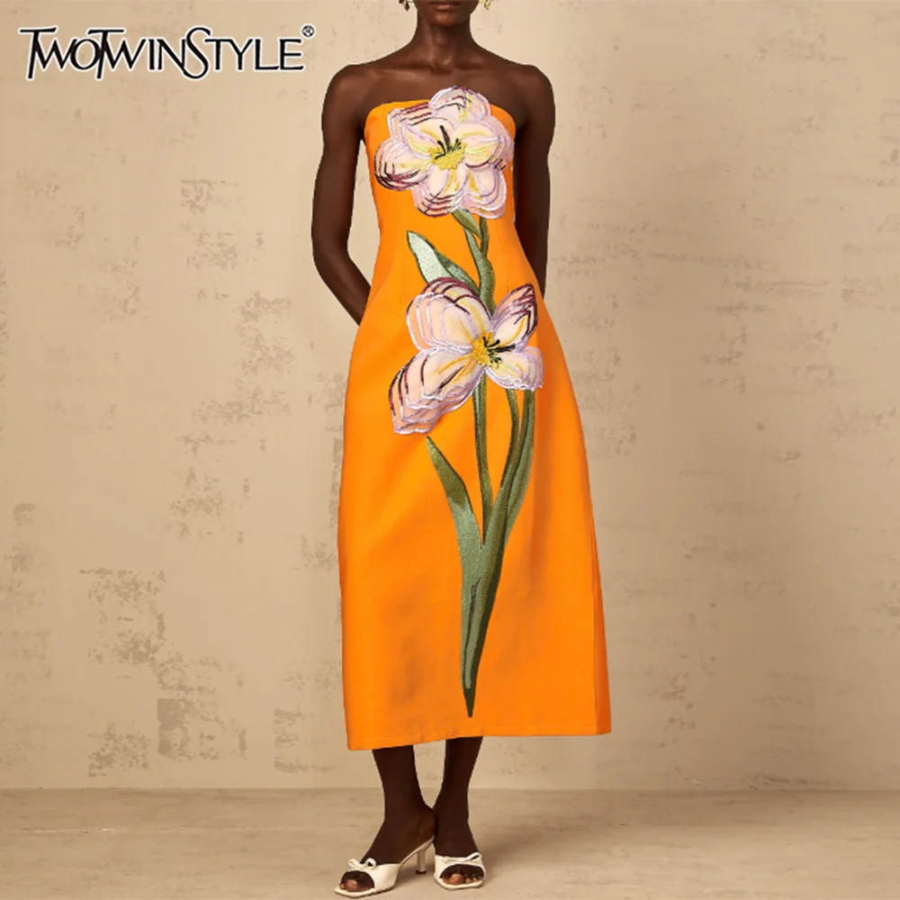 TWOTWINSTYLE Hit Color Slimming Spliced 3D Flower Elegant Dresses for Women Strapless Sleeveless Temperament Dress Female New