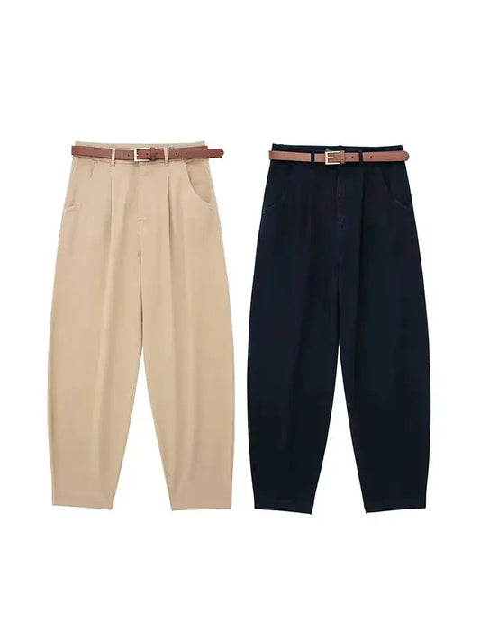 Fashion Female Trousers Mujer Women Solid Pant With Belt Pleated Solid Vintage High Waist Side Pockets Zipper Fly Pants