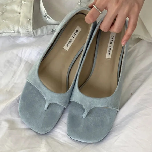 Faux Suede Clip Toe Cover Heel Flat Sandals for Women Summer 2025 Brand Designer Casual Shoes Comfortable Square Toe Beach Shoes