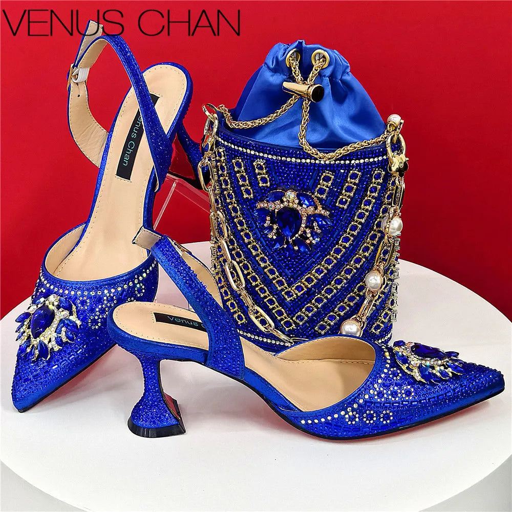Nigerian Heel Party for Women Blue Color Shoes and Bag Set Rhinestone Handbag Italian Design Wedding INS 2025