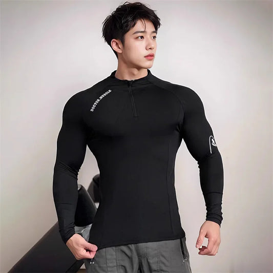 high quality zipper round collar tops sports spring autumn fitness T-shirt men long sleeved quick drying elastic tight T-shirt