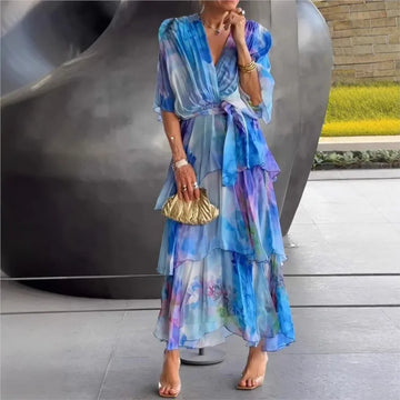 2025 Summer New Elegant Women's Chiffon Dress Fashionable Printed V-neck Short-sleeved Layered Ruffle Loose Lace-up Long Skirt