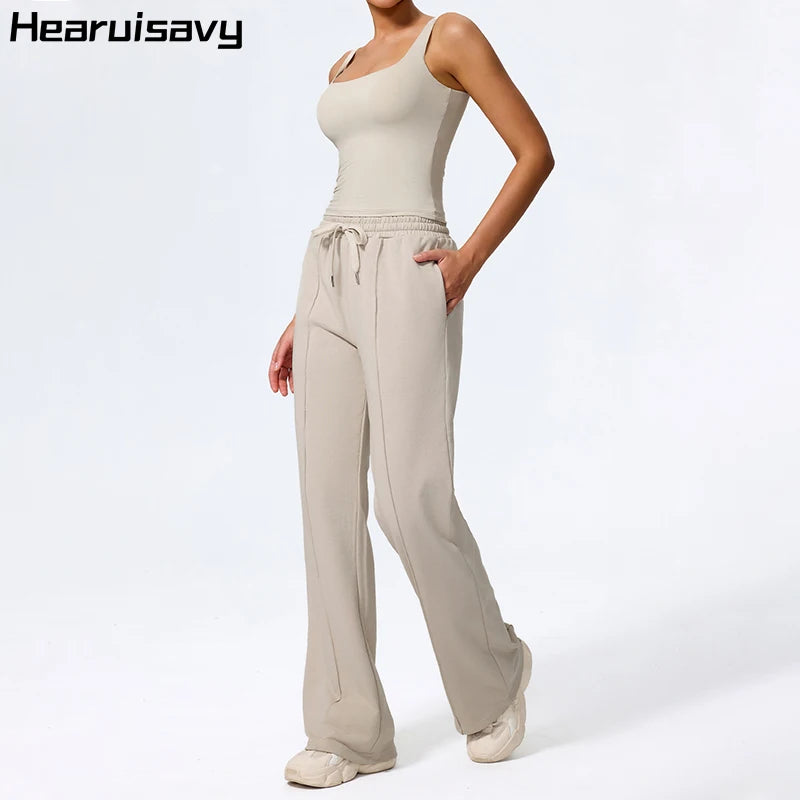 Hearuisavy 2Pcs Women Straight Fit Sweatpants Set Casual Outdoor Running Workout Yoga Vest Drawstring Pocket Sport Pants Female