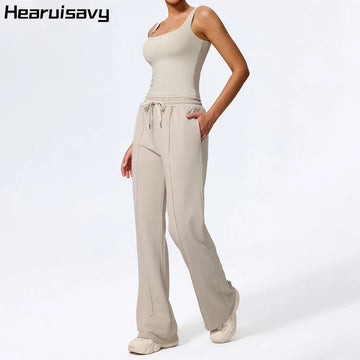 Hearuisavy 2Pcs Women Straight Fit Sweatpants Set Casual Outdoor Running Workout Yoga Vest Drawstring Pocket Sport Pants Female