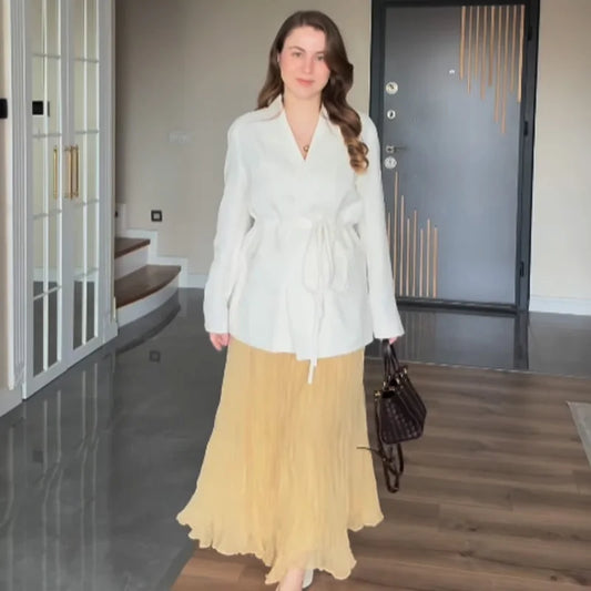 Women's Skirt Yellow Pleated Skirt Summer Midi Ruffle High Waist Long Skirts For Women Elegant Casual Vacation Skirts