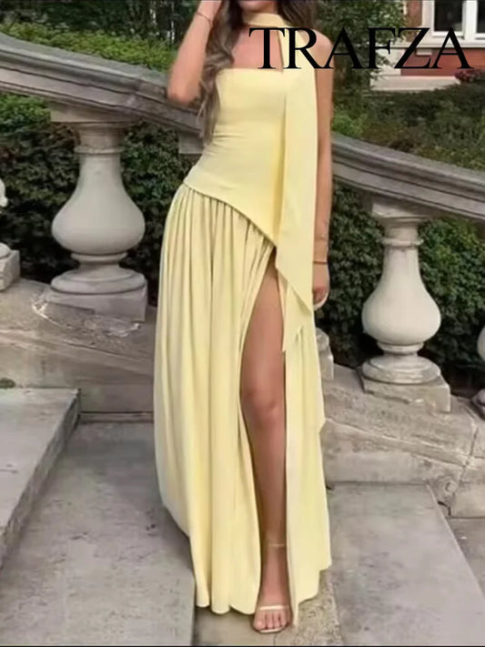 TRAFZA Women Summer Fashion Yellow Off-Shoulder Long Dress Female Elegant Beach Vocation Pleated Sexy Backless Sleeveless Dress