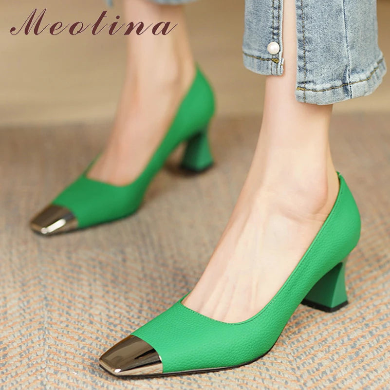 Meotina Women Shoes Genuine Leather Thick Heels Square Toe Pumps Fashion High Heel Party Lady Footwear Spring Green White 34-42
