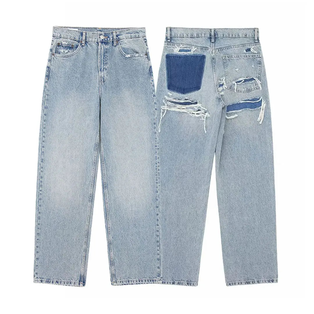 Women's Street Fashion Denim Blue Jeans Distressed Patchwork High Waist Zipper Fly Ripped Retro Long Pants
