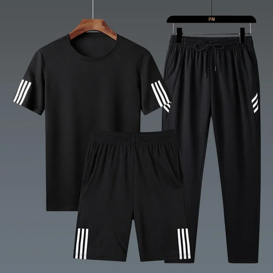 Summer Casual Sports Men's Short Sleeve T-Shirt plus Size Three-Piece Set New Style Long Pants Comfortable Breathable Clothing